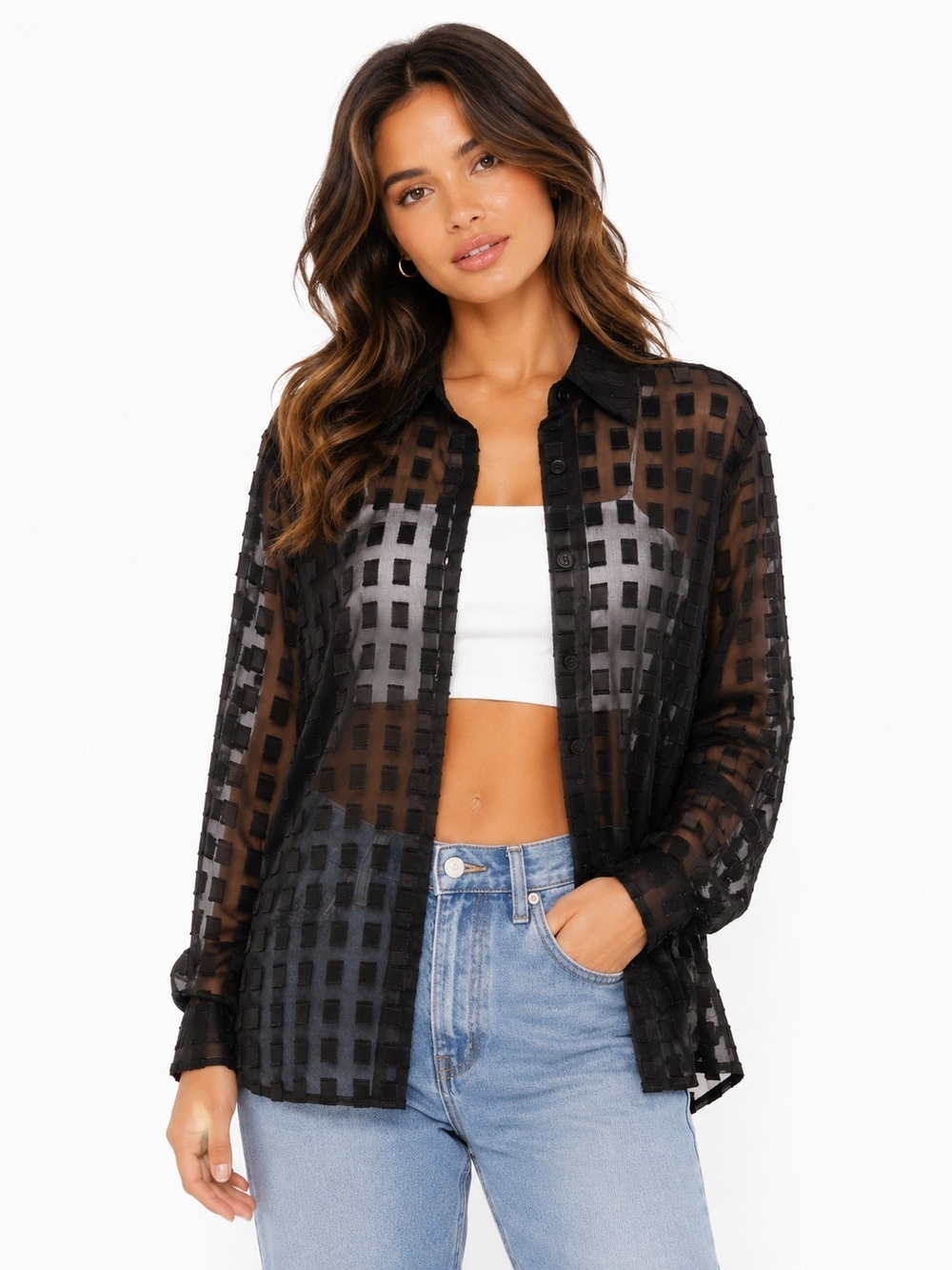 Apparenza Black Sheer Grid Button-Down Shirt